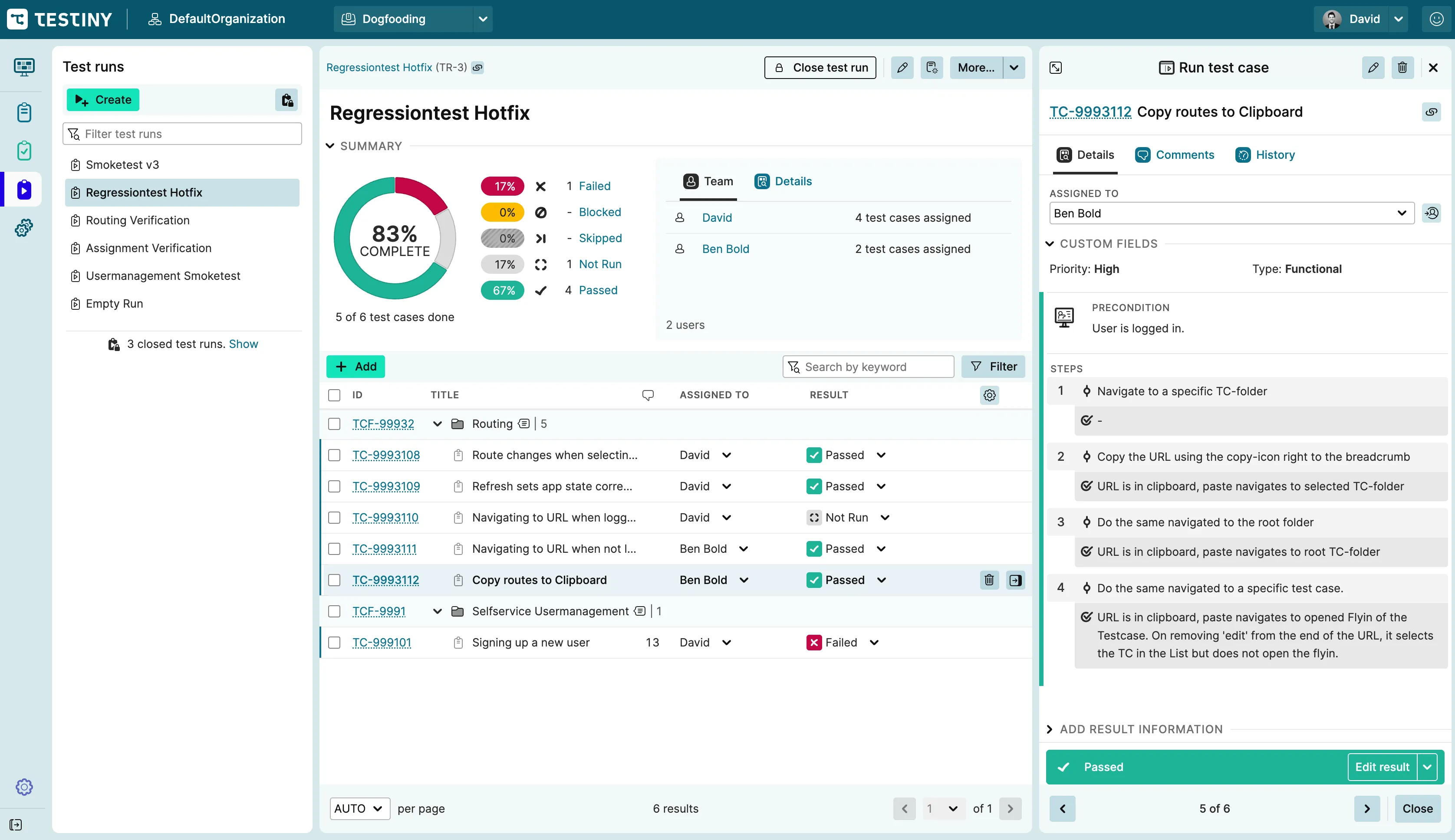 Testiny platform screenshot highlighting test management features.