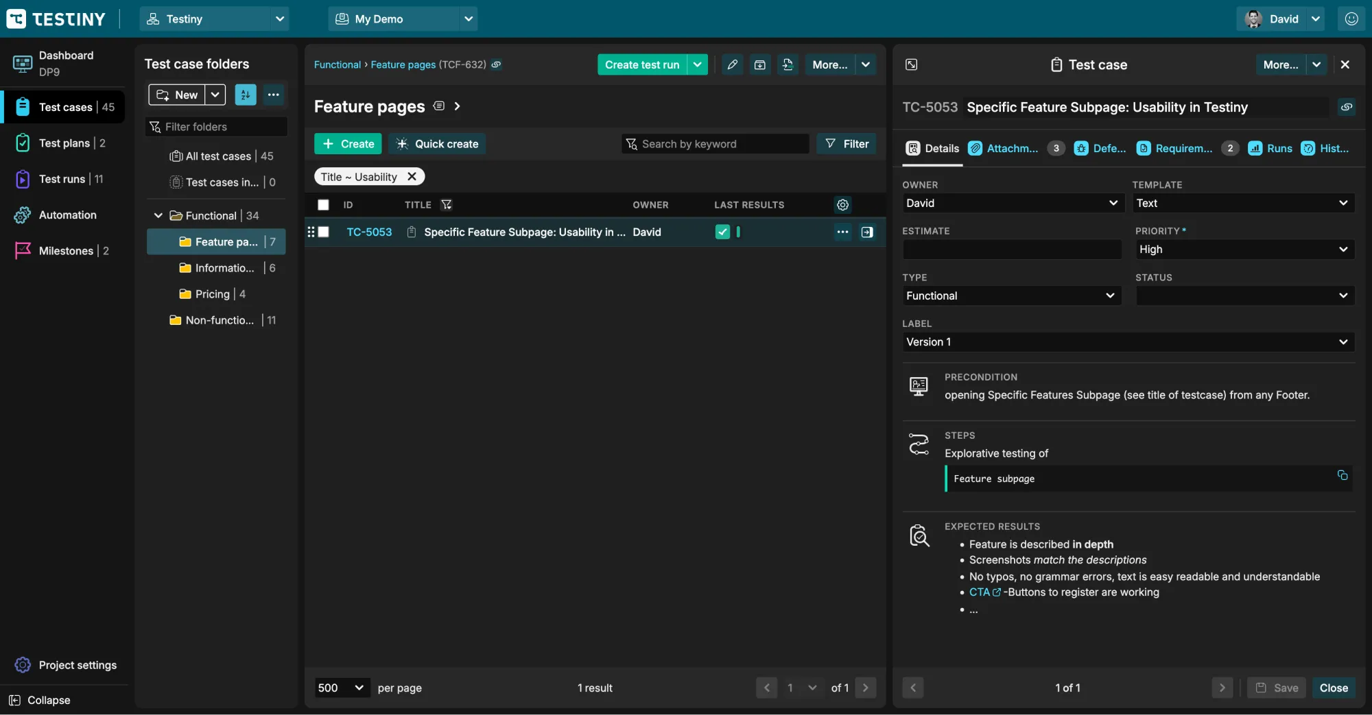 Testiny test case management interface, showing a test case next to the test run it was executed in