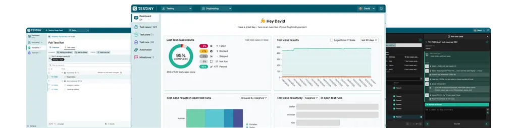 Several Testiny screens displaying different features of the test management tool