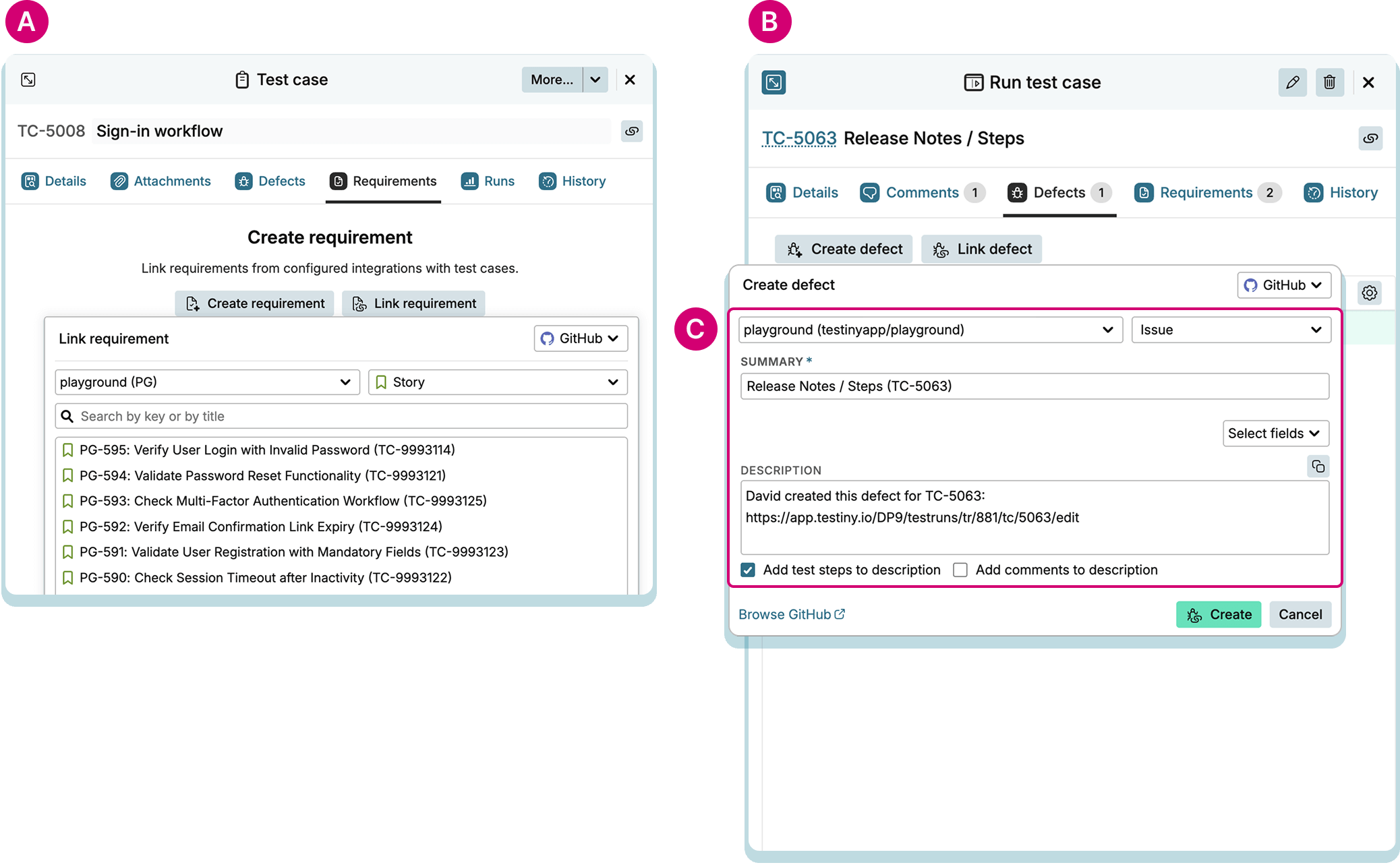 GitHub add-on — Create or link issues from within Testiny