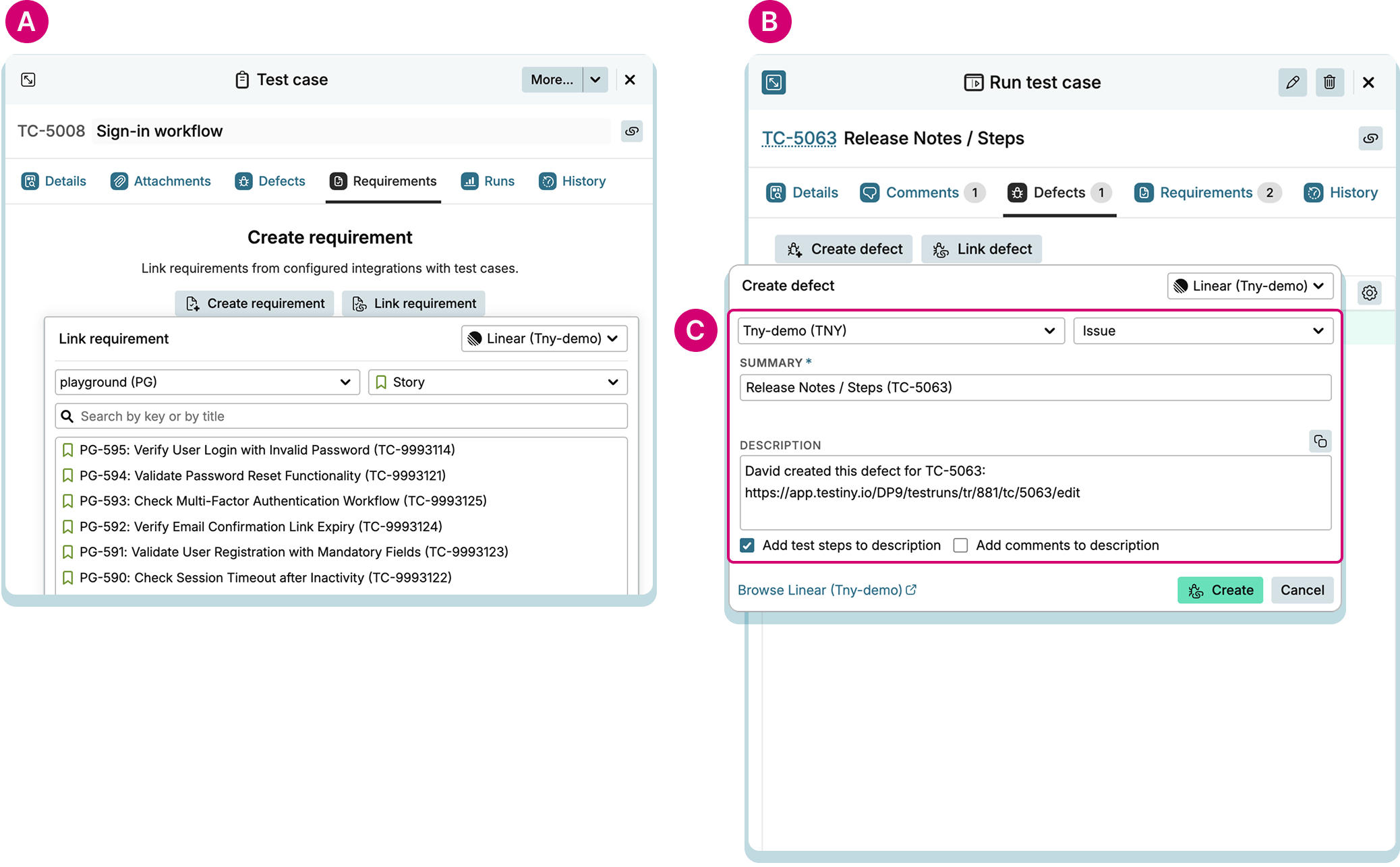 Linear add-on — Create or link issues from within Testiny
