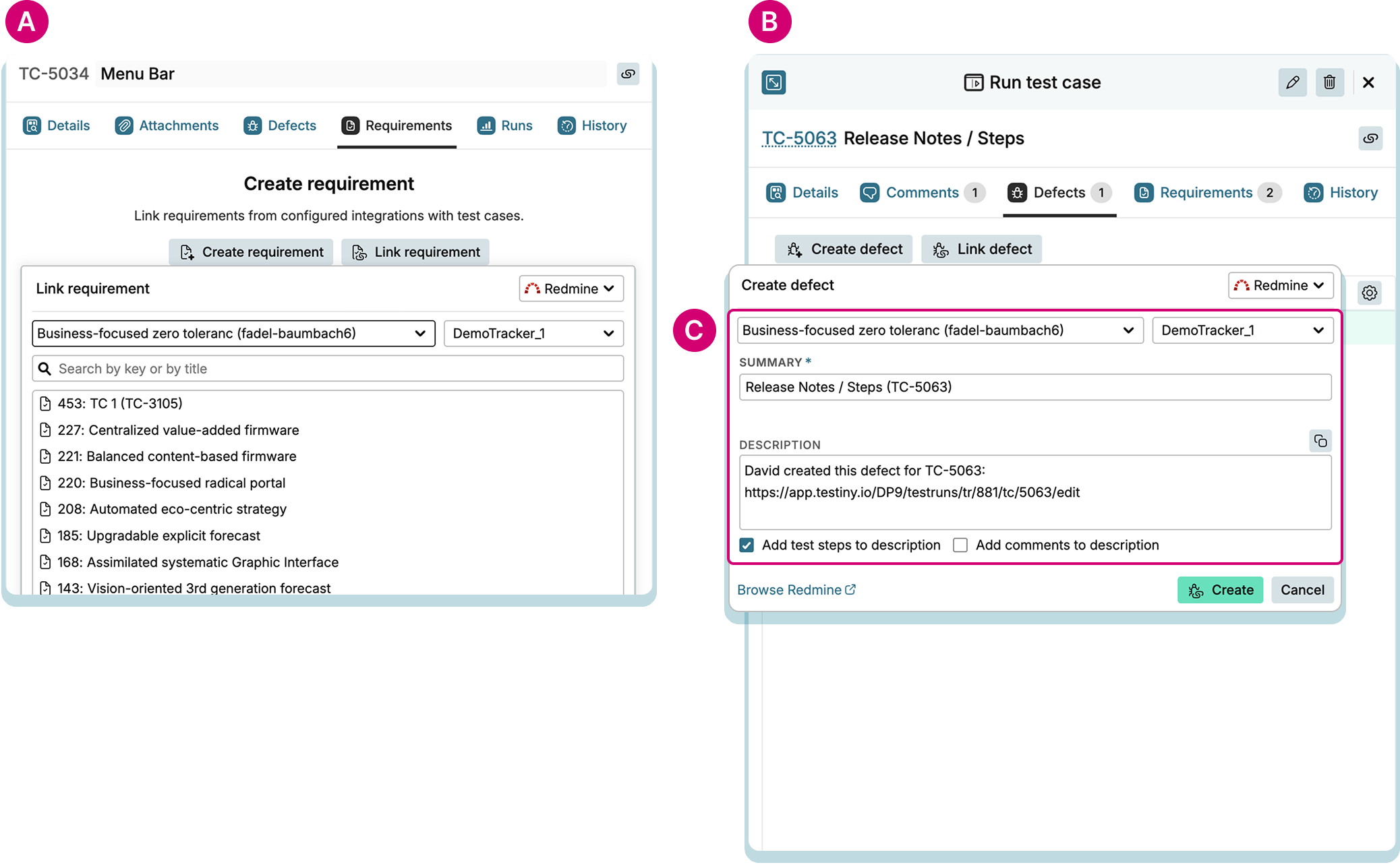 Redmine add-on — Create or link issues from within Testiny