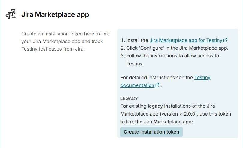 Jira Marketplace app — Connection steps in Testiny