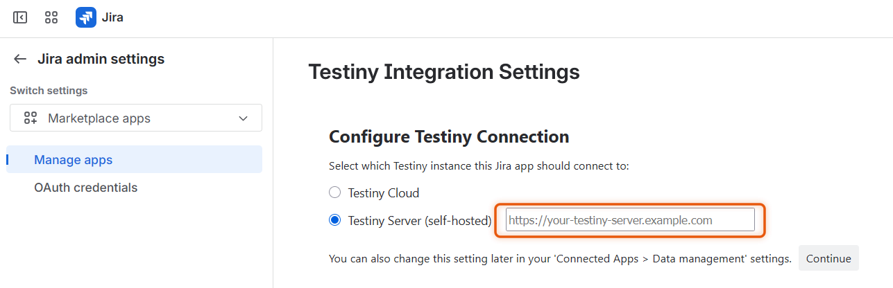 Jira Marketplace app — Configure the Testiny Server connection