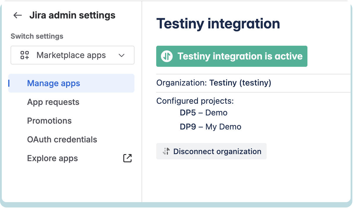 Jira integration — Successfully connected to Testiny