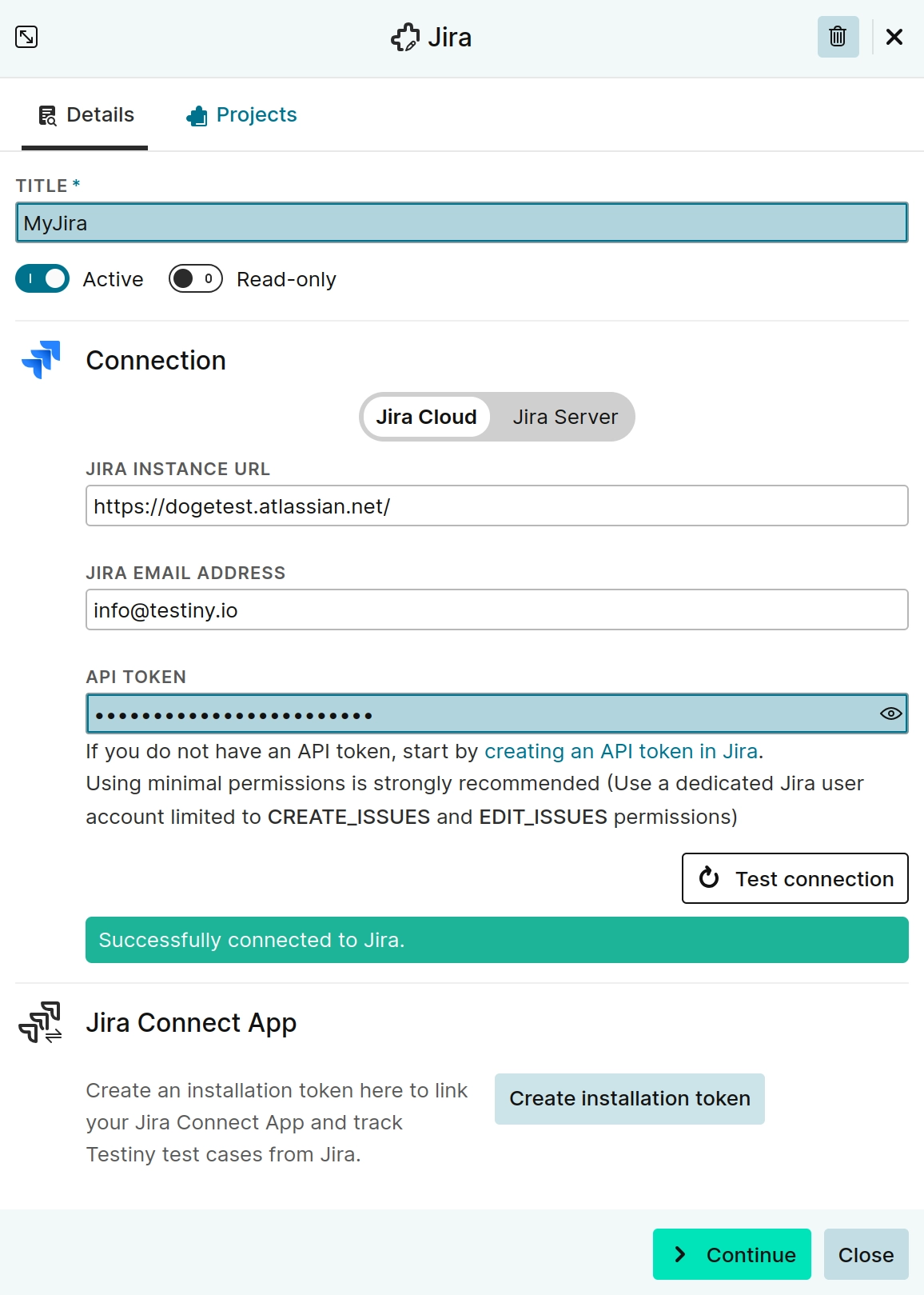 "Integration settings for Jira Cloud"