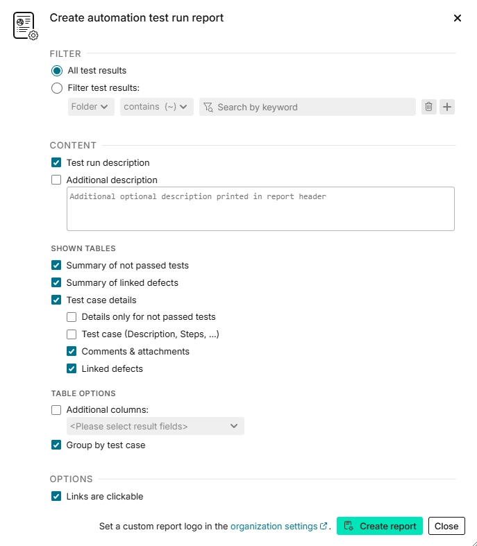 "Report settings for automated test runs"