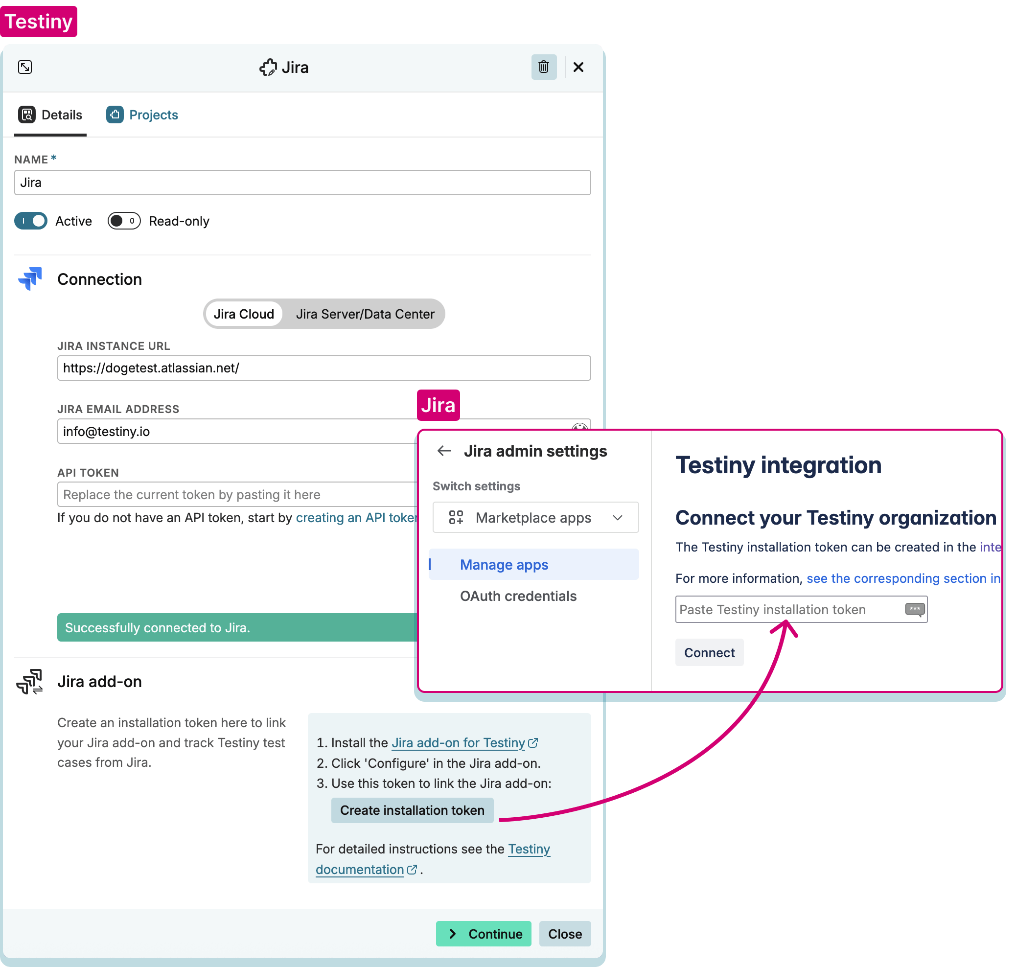Jira add-on — Paste the Installation token from Testiny in Jira
