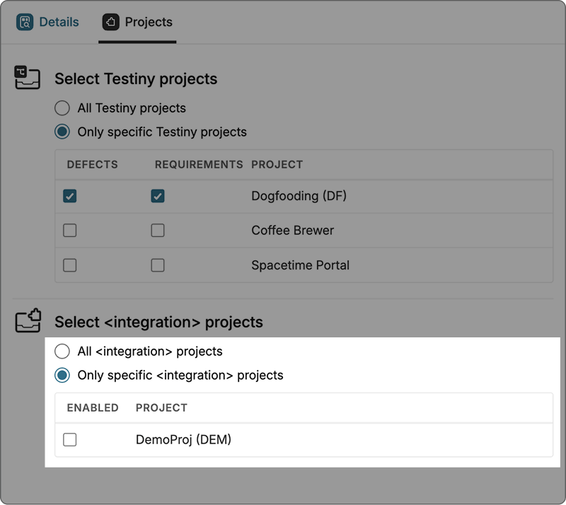 Project selection view